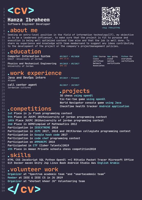 Software engineer resume. Creative CV designed by Mohammad Alhusaini. #resume #cv #softwareengineer #developer Web Developer Resume Design, Computer Science Resume, Resume Creative Ideas, Software Website Design, Software Engineer Portfolio, Web Developer Cv, Computer Software Engineer, Cv Engineer, Software Ideas