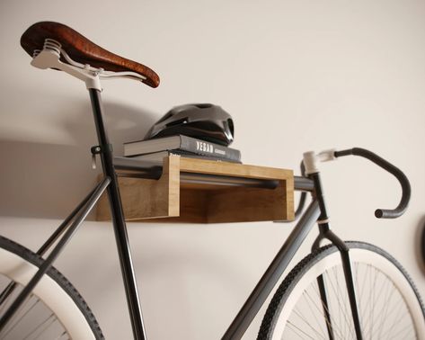 Bike Mounted On Wall Bike Wall Mount Wood, Wooden Bicycle Rack, Bicycle Holder Wall, Bike Storage Indoor Small Spaces, Indoor Bicycle Storage, Wooden Bike Rack Wall Mount, Bike Holder Diy, Hang Bike On Wall, Hanging Bicycle On Wall