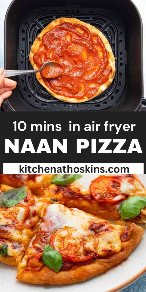 Air Fryer Naan Pizza is ready in under 10 minutes. With a super crispy crust, these are the easiest pizzas you'll make. Air Fryer Naan, Naan Pizza Recipes, Air Fryer Pizza, Chicken Pizza Recipes, Naan Pizza, Pizza Kitchen, Naan Recipe, Air Fryer Oven Recipes, Pizza Recipes Easy