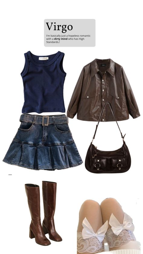 Denim short skirt, navy top, big brown leather jacket, brown boots, bag, white thigh. For our gorgeous virgos Short Denim Skirt Outfits, Brown Skirt Outfit, Virgo Rising, Denim Short Skirt, Denim Skirt Outfit, Leather Jacket Brown, Denim Skirt Outfits, Short Denim Skirt, Short Denim