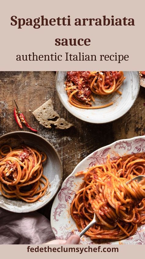 Overhead shot of spaghetti in tomato sauce in bowls Authentic Arrabiata Sauce Recipe, Arribita Sauce Recipe, Authentic Italian Spaghetti, Spaghetti Arrabiata, Arrabiata Pasta, Pasta Arrabiata, Arrabbiata Sauce, Spicy Spaghetti, Pasta With Tomatoes