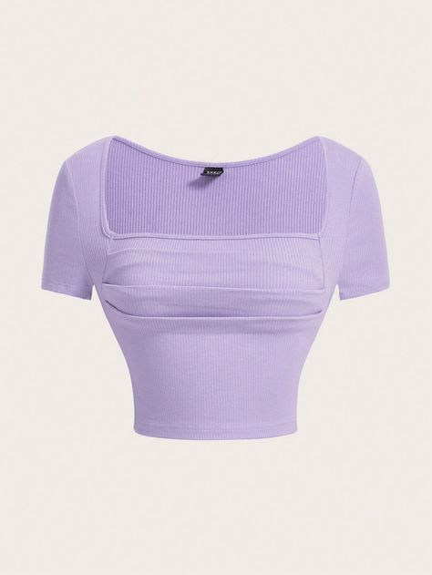 Lila Púrpura Casual Collar manga corta Tela tejida Liso  Embellished Estiramiento medio Color Photoshoot, Top Lila, Inverted Triangle Outfits, Purple Quince, Lilac Top, Thai Clothes, Purple Crop Top, First Day Of School Outfit, Color Lila