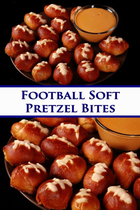 A plate of mini football shaped pretzel bites next to a bowl of hot beer cheese dip. Overlaid text says football soft pretzel bites. Football Shaped Appetizers, Themed Charcuterie Boards, Football Themed Snacks, Soft Pretzel Bites Recipe, Football Shaped Foods, Football Themed Food, Pretzel Bites Recipe, Football Tailgate Food, Soft Pretzel Bites