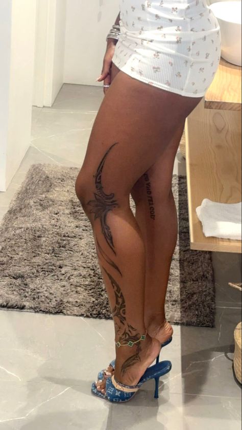 Woman Shin Tattoo, Words On Back Tattoo, Black Women Leg Tattoos, Leg Sleeve Black Women, Leg Ankle Tattoo, Tattoo Around Thigh, Leg Tats For Women, Pretty Foot Tattoos For Women, Women Leg Sleeve Tattoo Ideas