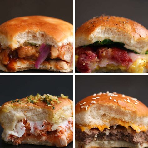 Sliders 4 Ways by Tasty Chicken Parmesan Sliders, Bbq Chicken Sliders, Slider Sandwiches, Breakfast Slider, Pan Relleno, The Bun, Steak Sandwich, Slider Recipes, Good Eat