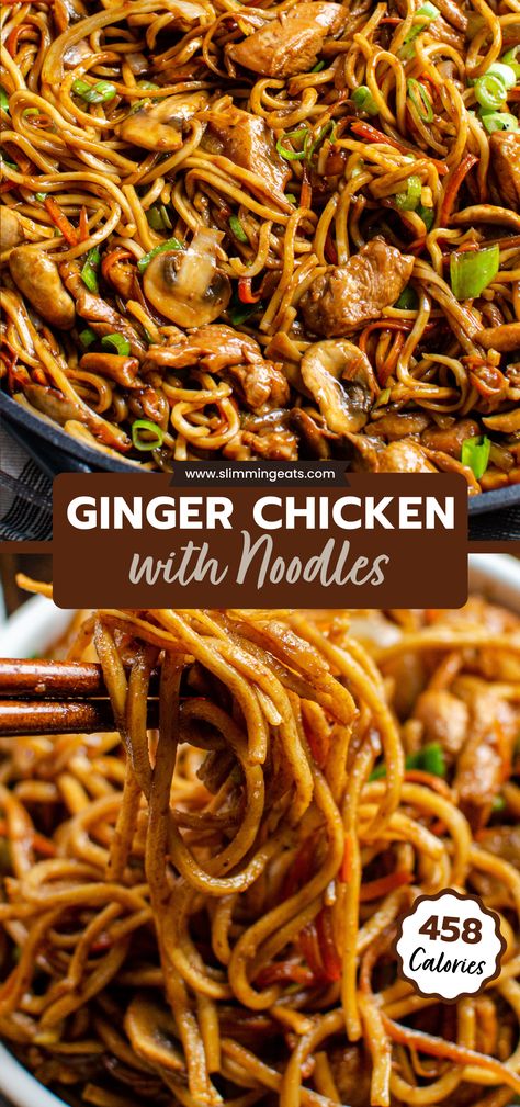 Delicious Ginger Chicken with Mushrooms and Noodles - an easy family meal, ready from frying pan to bowl in less than 30 mins Wok Meals Easy, Healthy Noodle Recipes Clean Eating, Stir Fry Chicken And Noodles, Stir Fried Noodles Chicken, Family Friendly Meals Healthy, Hoisin Ginger Noodles Milk Street, Gluten Free Asian Noodle Recipes, Chicken And Rice Noodles Stir Fry, Chicken Chinese Noodles