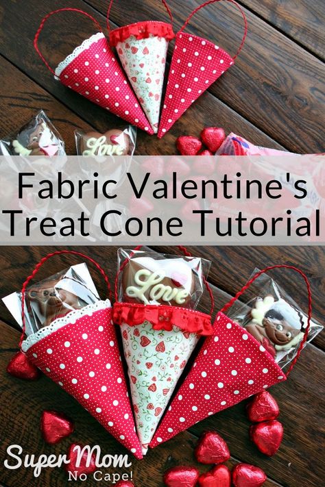 Make a bunch of these super cute Fabric Cones to fill with candy to give this Valentine's Day. Complete step-by-step tutorial with lots of photos make this an easy sew project. #fabriccone #Valentinesgift #Valentinesgiftideas #DIYgiftideas #DIYgifts #giftideas #Valentines #sewing #giftstosew via @susanflemming Valentines Sewing, Office Valentines, Friendship Valentines, Love Presents, Treat Cones, Target Valentines, Boy Valentines, Girl Valentines, Lace Sewing