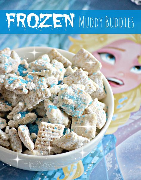 If you've got a Disney's Frozen fan at home, try making this super easy and fun snack inspired by the enormously popular movie! Elsa Torte, Winter Wonderland-party, Muddy Buddies Recipe, Frozen Bday Party, Frozen Themed Birthday Party, Disney Frozen Birthday, Muddy Buddies, Frozen Theme, Chex Mix