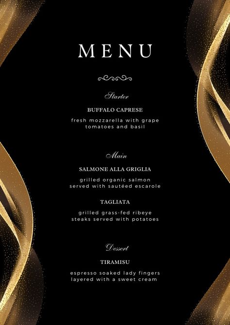 Luxury Food Menu Design, Black And Gold Menu Design, Birthday Menu Design, Luxury Restaurant Menu Design, Black And Gold Restaurant, Menu Design Luxury, Black Menu Design, Birthday Dinner Menu Ideas, Luxury Menu Design