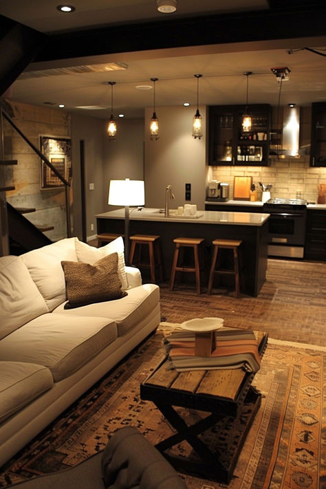 Turn your small basement into a stylish haven with these modern design ideas. Explore sleek furniture, trendy decor, and space-saving solutions. #InteriorDesign #ModernLiving #BasementRenovation Boho Basement Remodel, Loft Style Basement, Tiny House Basement, Cozy Basement Bar Ideas, Updated Basement Ideas, Small Dark Basement Ideas, Dark Modern Basement, Basement Remodel Modern, Moody Dark Basement