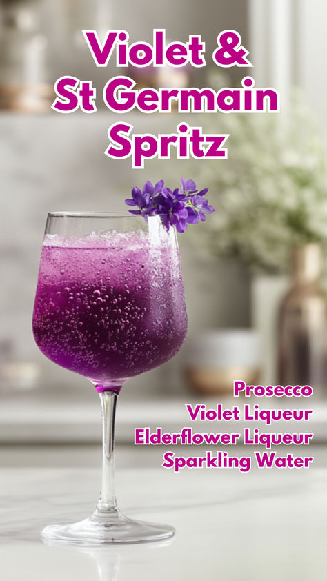 Violet & St Germain Spritz Violet Liqueur Cocktails, Spring Alcoholic Drinks, Spring Drinks Alcohol, Violet Liqueur, Elegant Cocktails, Spritz Cocktails, Cocktail Cards, Water Cocktails, Fall Beverages