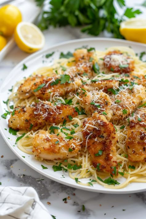 This chicken scampi is a restaurant-worthy dish no one can resist! Tender chicken is coated in a luscious garlic butter sauce and served over pasta. White Wine Garlic Chicken, Scampi Sauce Recipe Chicken, Chicken Scampi With Broccoli, Crispy Chicken Pasta Recipes, Garlic Butter Chicken With Parmesan Rice, Baked Chicken Scampi, Chicken Tenders And Pasta, Boneless Chicken Tender Recipes, Garlic Chicken Pasta Recipes