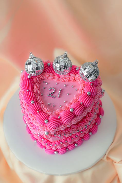 Pretty In Pink 21st Birthday Party, Birthday Cakes Disco Ball, Pink Party Cake Ideas, 21st Birthday Cake Disco, Hot Pink 18th Birthday Party, Bejeweled Birthday Cake, Hot Pink Disco Birthday Cake, Pink Silver Disco Party, Monochrome Cake Design