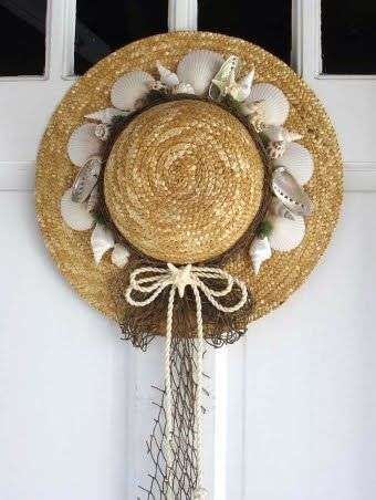 Isadora Lloyd, straw decor and accents for wedding design and gifts; isalloyd@yahoo.com Straw Hat Crafts, Decorated Hats, Couronne Diy, Art Coquillage, Nautical Wreath, Seashell Projects, Shell Wreath, Seashell Wreath, Nautical Crafts