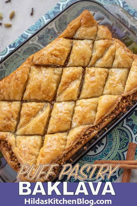 If you're intimidated at making baklava from scratch, you will love this easy baklava recipe! We're swapping out puff pastry for phyllo dough but the flavor is still authentic and delicious! Puff Pastry Baklava Recipe, Baklava With Puff Pastry, Baklava Recipe Easy Puff Pastry, Puff Pastry Baklava, Pistachio Baklava Recipe, Easy Baklava Recipe, Baklava Recipes, Mini Funnel Cakes, Easy Baklava