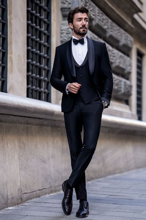 Reinvent classic style with our Black Slim-Fit Tuxedo 3-Piece. The slim-fit design offers a modern twist on traditional formalwear, providing a sleek and stylish look. Whether attending a wedding or a black-tie gala, this tuxedo ensures you stand out with elegance and grace.  #singlebreasted #blacktuxedo #tuxedo #suit #suits #slimfit #menstyle #menfashion #fashioninspo Black Tie Men, All Black Tuxedo, Marriage Suits, Wedding Suits Men Black, Cool Tuxedos, Modern Fit Suit, Suit Styles, Suit Stores, Mens Wedding Attire