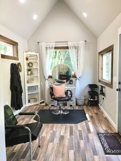 10x20 shed made into a salon. Farm house salon Shiplap Salon Wall, Farmhouse Hair Salon Decor, Hair Salon Shed Backyard Studio, House Salon Ideas, Home Hair Salon Decor, Salon Room In Home, She Shed Hair Salon Ideas, Salon Set Up Ideas, Salon Farmhouse