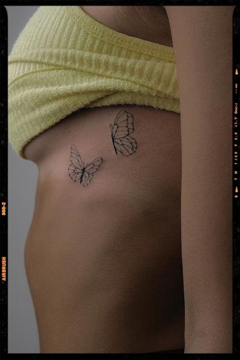 Small Butterfly Tattoo Inspiration Small Butterfly Tattoos, Flower Neck Tattoo, Flower Tattoo On Ribs, Unique Butterfly Tattoos, Rib Tattoos For Women, Ribcage Tattoo, Small Butterfly Tattoo, Butterfly Tattoos For Women, Small Pretty Tattoos