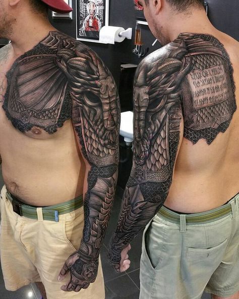 Armor Sleeve Tattoo, Chest And Back Tattoo, Men With Tattoos, Armour Tattoo, Shoulder Armor Tattoo, Tato Dada, Armor Tattoo, Polynesian Tattoos, Marvel Tattoos