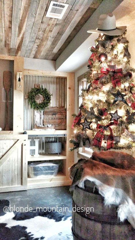 Rustic Christmas tree, rustic Christmas decor, western Christmas, barnwood, plank ceiling, cowboy Christmas tree, basement Christmas, vintage Christmas decor Cowboy Christmas Tree, Christmas Tree Inspiration Rustic, Western Christmas Decorations, Christmas Tree Rustic, Western Christmas Tree, Country Christmas Trees, Texas Christmas, Plank Ceiling, Rustic Christmas Decor