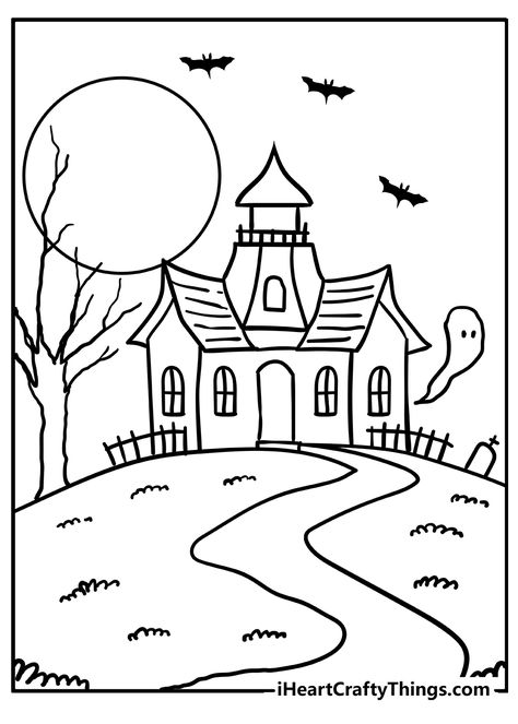 Haunted House Coloring Pages Haunted Mansion Drawing Easy, Haunting House Drawing, Spooky Season Drawing Ideas, Hunted House Drawings Easy, Minimal Coloring Pages, Halloween Drawings House, Haunted House Ideas Drawing, Spooky House Drawing Easy, Haunted House Sketch Easy