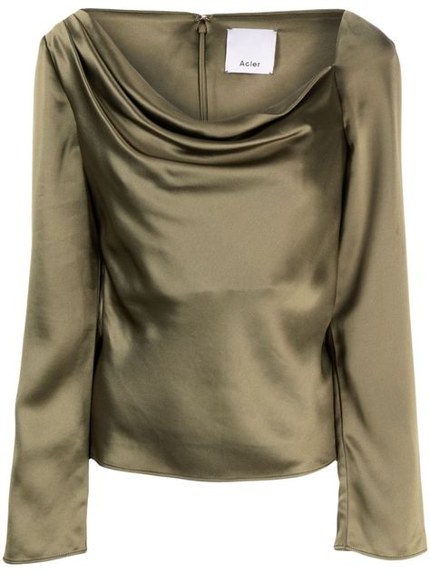 olive green satin finish draped detailing cowl neck concealed rear zip fastening long sleeves straight hem Versace Outfit, Yoko London, City Dress, Classy Casual, Satin Top, Summer Beach Wear, Green Satin, Green Blouse, Lady Dior