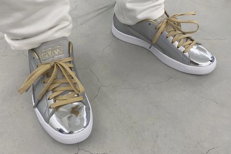 Hajime Sorayama x Puma Clyde 50th Anniversary First Look | Hypebeast Hajime Sorayama, Puma Clyde, 50th Anniversary Celebration, Shoes Drawing, Streetwear Shop, Air Jordan 3, Matte Metallic, Gold Lace, Jordan 3