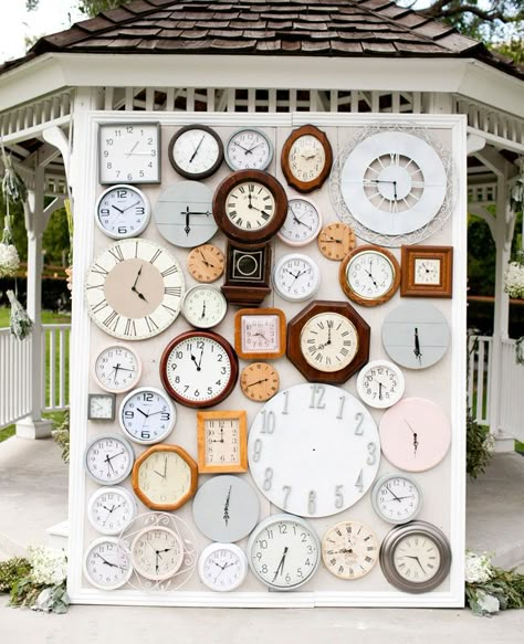 lots of clocks ceremony backdrop Vintage Saat, Photo Booth Ideas, 80s Theme, Wedding Altars, Wedding Backdrops, Steampunk Wedding, Have Inspiration, Bridal Musings, Vintage California