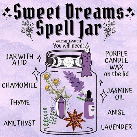 Losille’s Coven 🔮✨ on Instagram: “Sweet Dreams Spell Jar 🛌🔮✨ ➡️ Use it to make sweet dreams, to banish negative energies and to ward off nightmares. 🌝✨ Below is my personal…” New Year Spell, Witch Ideas, Hearth Witch, Dream Spell, Witches Jar, Witchcraft Spells For Beginners, Spells For Beginners, Witch Bottles, Spell Jars