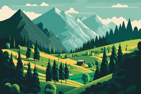 Green Mountain Drawing, Mountain Path Illustration, Playhouse Cafe, Mountain Landscape Illustration, Vector Mountain, Alpine Landscape, Drawing Characters, Mountain Drawing, Mountain Illustration