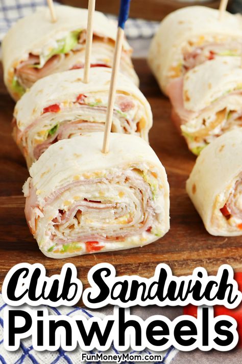 These delicious Ham and Turkey Pinwheels are loaded with the perfect combination of deli meat, tangy cream cheese, crispy bacon, and fresh veggies. A fun twist on the classic club sandwich, they’re the perfect bite-size party appetizer, lunch, or afternoon snack! Turkey Pinwheels, Pinwheel Sandwiches, Ham And Cheese Pinwheels, Recipe With Cream Cheese, Pinwheel Appetizers, Cheese Pinwheels, Cream Cheese Rolls, Party Food Dessert, Pinwheel Recipes