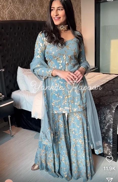 Sharara Designs For Plus Size, White Sharara, Blue Sharara, Sky Blue Outfit, Kurta Lehenga, Sharara Designs, Combination Dresses, Kurta Sharara Set, Kurta Sharara