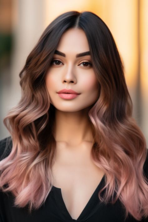 Ombre rose gold tips on dark brown hair offer a modern twist on traditional ombre styles. The rose gold adds an ethereal, feminine finish. Click here to check out more stunning dark brown hair with highlights for 2023. Brown To Rose Gold Ombre, Chocolate Rose Hair Balayage, Brown To Peach Ombre Hair, Rose Gold Highlights Brunette Dark Brown Balayage Hair, Rose Brown Balayage Brunettes, Brunette Hair Purple Highlights, Pink Baylage Hair Light Brown, Brown And Pink Ombre Hair, Hair For Medium Skin Tone