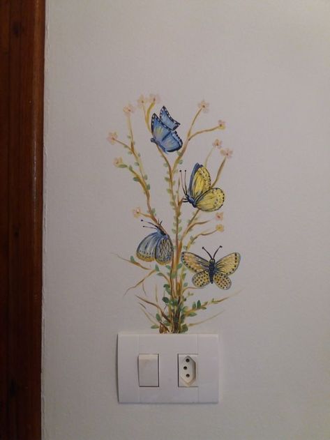 Small Murals For Home, Hand Painted Murals For Home Bedroom, Aesthetic Wall Paintings, Small Wall Painting Ideas, Lightswitch Ideas Painting, Small Wall Painting, Yellow Kitchen Cabinets, Painting On Wall, Switch Board