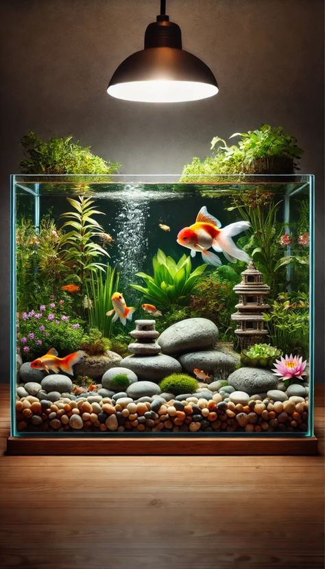 Fish Tank Ornaments, Fish Tank Lighting Ideas, Zen Aquarium Ideas, Goldfish Tank Aesthetic, Goldfish Tank Ideas, Small Aquarium Ideas, Fish Tank Decoration Ideas, Fish Aquarium Ideas, Tank Decoration Ideas