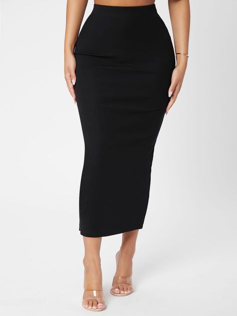 Black Elegant   Cotton Plain Pencil Embellished High Stretch Spring/Summer/Fall Women Bottoms Long Black Pencil Skirt, Black Bodycon Skirt, Outfit Elegantes, Slim Fit Skirts, Long Pencil Skirt, Ribbed Knit Bodysuit, Earthy Outfits, High Waisted Pleated Skirt, Beachwear Fashion