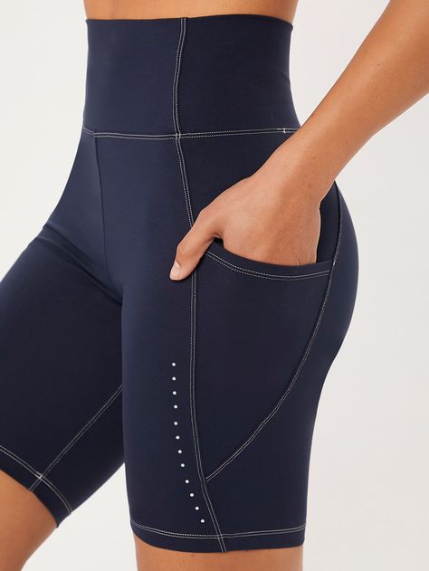 Navy Blue    Nylon Plain Seamless Embellished High Stretch Spring/Summer/Fall Women Activewear Tech Savy, Outfit Sport, Shorts Biker, Bike Shorts Women, Sports Attire, Pocket Bike, Sports Shorts Women, Women Sports, Sports Shorts