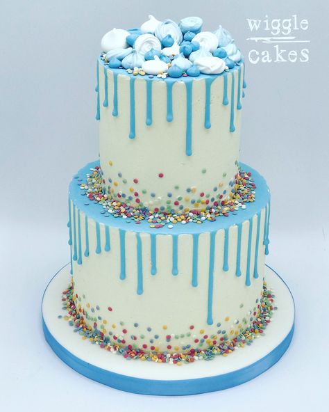 2 tier blue drip cake decorated with colourful sprinkles Simple 2 Tier Cake Birthday, Elegant 2 Tier Birthday Cake, Blue Colour Birthday Cake, Blue Decorated Cake, Blue Drip Cake Birthday, 2 Kg Cake Design, Blue Cake 2 Tier, Blue Cakes For Boys, 2 Tier Birthday Cake Boy