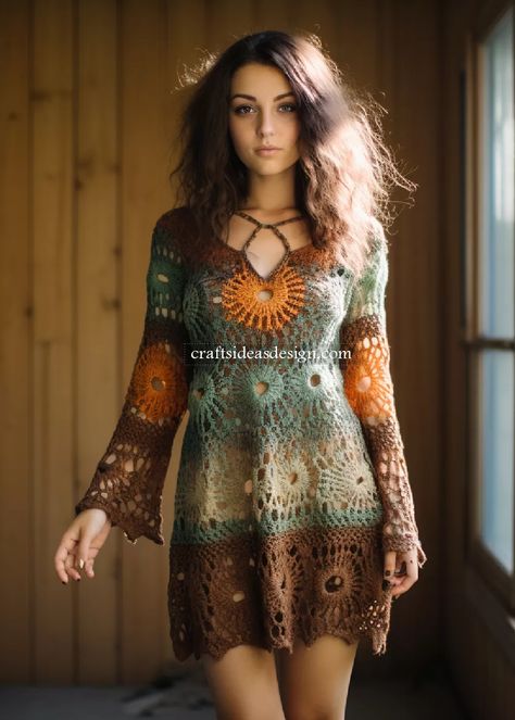 10 Crochet tunic dress with bell sleeves Ideas  - Crafts Ideas Bell Sleeve Crochet Dress Pattern, Crochet Party Dress, Crochet Formal Dress, Crochet Winter Dresses, Artistic Crochet, Bell Sleeve Outfit, Hippie Crochet Patterns, Crochet Tunic Dress, Crochet Dress Boho