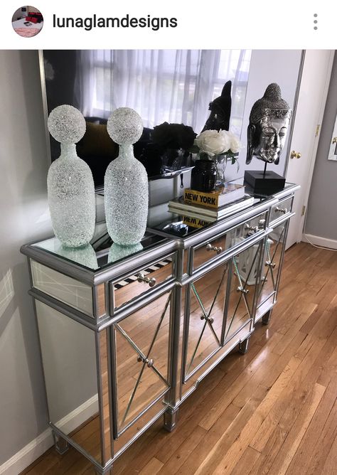 Tv Stand Mirrors, Tv Stand Mirror, Tv Stand Glam, Crystal Tv Stand, Bedroom Tv Stand Ideas, Glam Tv Stand, Hollywood Glam Living Room, Glam Tv Stand Silver, Tv Stand Decor Ideas