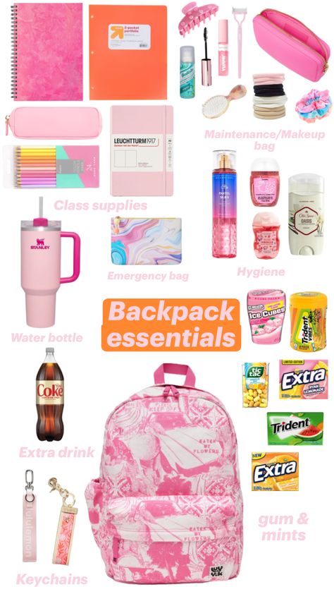 #myfirstshuffle #pink #backpack #school #schoolinspo #preppy #pinkaesthetic Middle School Backpack, Preppy School Bag, Extra Gum, School Backpack Essentials, Preppy School Supplies, What's In My Backpack, Preppy Essentials, Cute Middle School Outfits, Preppy Backpack