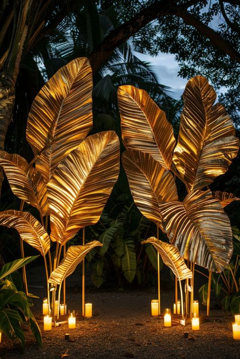 Unique Ceremony Backdrop: Gilded Tropical Leaves & Romantic Candlelight Party Inspo Decoration, Tropical Wedding Backdrop, Tropical Night Party, Tropical Party Backdrop, Tropical Arch, Tropical Garden Wedding, Leaves Backdrop, Tropical Backdrop, Unique Event Decor