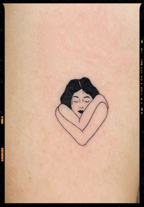 210+ Meaningful Self-Love Tattoo Designs (2023) - TattoosBoyGirl Non Attachment Tattoo, Self Hugging Tattoo, Hugging Myself Tattoo, Hug Me Tattoo, Girl Hugging Herself Tattoo, Self Hug Tattoo Minimalist, Heart Hug Tattoo, Hugging Yourself Tattoo, Self Hug Drawing