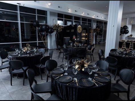 All Black Elegant Party Decor, Black Theme Sweet 16 Party Ideas, Black Seat Covers Wedding, Black Lace Theme Party, All Black Party Decorations For Men, All Black Formal Party Decor, All Black Tablescape, Masculine Birthday Decorations, 18th Birthday Party Ideas Theme Black White Gold