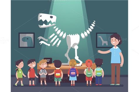 kids watching tyrannosaurus. $3.00 Archeology Museum, Human Icon, Dinosaur Skeleton, Modern Birds, Summer Illustration, Teacher School, Childrens Museum, Illustration Cartoon, School Trip