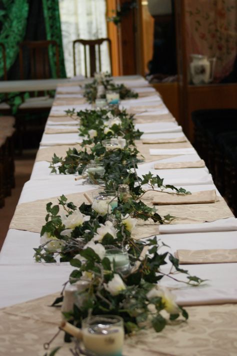 Ivy Table Runner by Whickender.deviantart.com on @deviantART Diy Table Runner Wedding, Medieval Banquet, Deco Champetre, Table Runner Diy, Tafel Decor, Medieval Wedding, Wedding Themes Winter, Winter Table, Silk Flowers Wedding