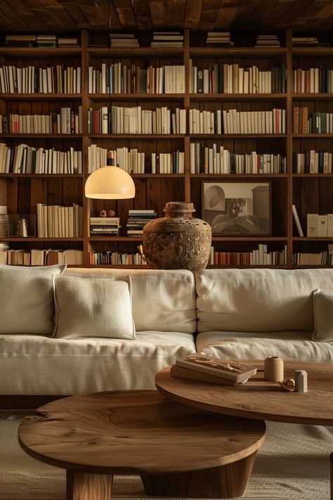 Wabi Sabi Library, Library Home Aesthetic, Wabi Sabi Couch, Home Office Bookshelves, Luxury Library, Vintage Library Aesthetic, Basement Interior Design, Modern Home Library, At Home Library