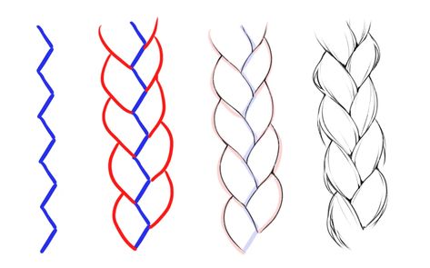 Braid Sketch Tutorial, Simple Braid Drawing, Braids Sketch How To Draw, Braid Art Tutorial, How To Draw Scarves, Braid How To Draw, How Draw Braids, Drawing Of Braided Hair, Braided Hairstyles Art Reference