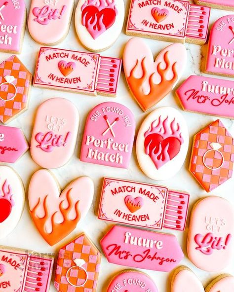 Custom Cookies - Omaha/Ft.Calhoun on Instagram: "A Match Made in Heaven 🔥🩷  The way I squealed when my customer sent me this theme, I was so excited! The coolest bachelorette party theme ever.   arch, oval, long hexagon @kaleidacuts  hexagon @frosted_by_meagan  Oval @maisonscustomcutters  heart @charlson_cookieco inspired by @driftlesscookies  matchbox inspired by @karleyhilldesign.etsy   #amatchmadeinheaven #bachelorettecookies #perfectmatchbachelorette #customcookies" Bachelorette Party Cookies, Bachelorette Party Theme, Engagement Party Themes, Bachelorette Cookies, Cookie Board, Bridal Theme, Bachelorette Party Planning, Bridal Bachelorette Party, Bachelorette Themes