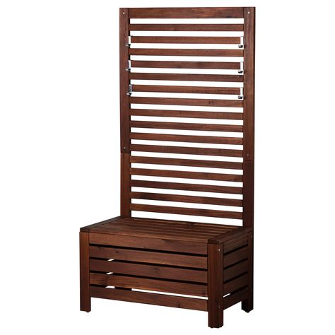 IKEA APPLARO Brown Stained Brown Bench with wall panel, outdoor Ikea Applaro, Galvanized Shelves, Outdoor Shelves, Fold Out Table, Outdoor Storage Bench, Wood Supply, Ikea Family, Patio Spaces, Privacy Screen